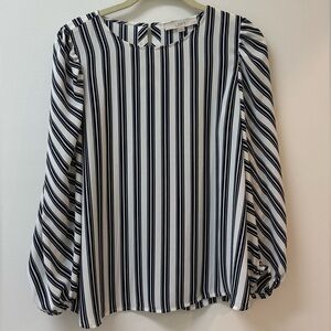 LOFT Navy and White Striped Long Sleeve Blouse